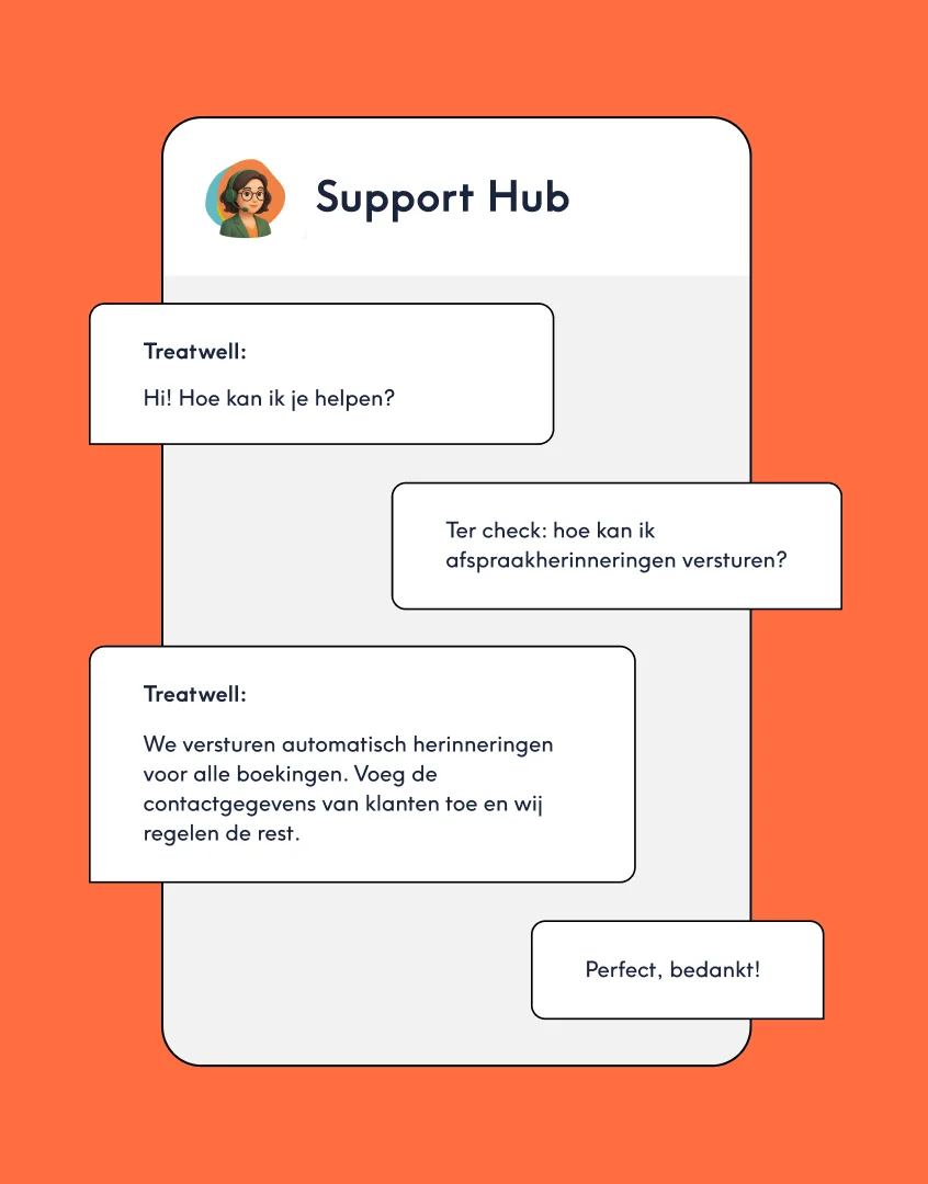 Chatgesprek in de Support Hub van Treatwell Connect over het versturen van afspraakherinneringen
